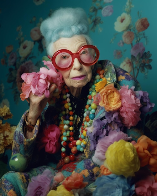 Una anciana con gafas rojas y grandes gafas rojas