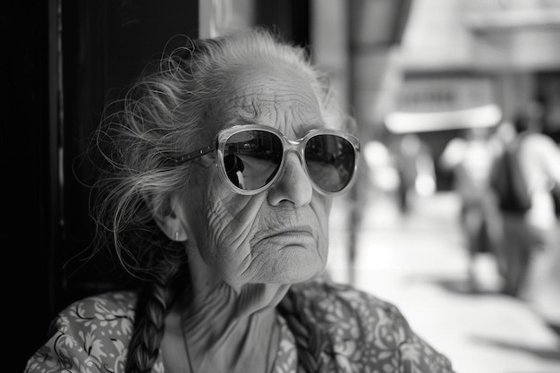 una anciana con gafas de sol mirando por una ventana