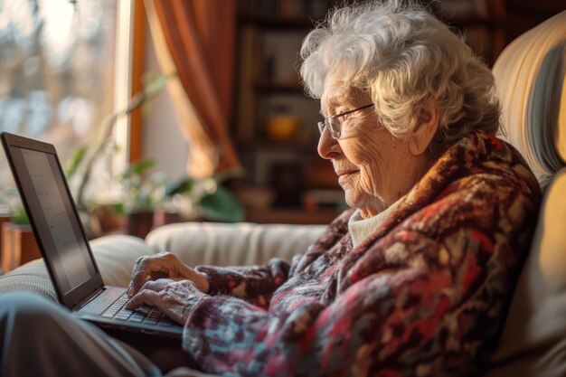 Una anciana con gafas sonríe mientras navega por Internet en su portátil