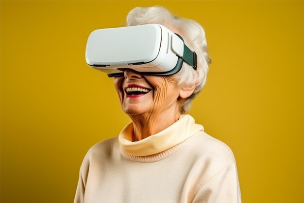 Anciana con gafas vr y sonriendo