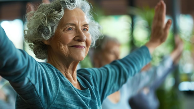 Una anciana graciosa con cabello plateado está haciendo yoga en una clase