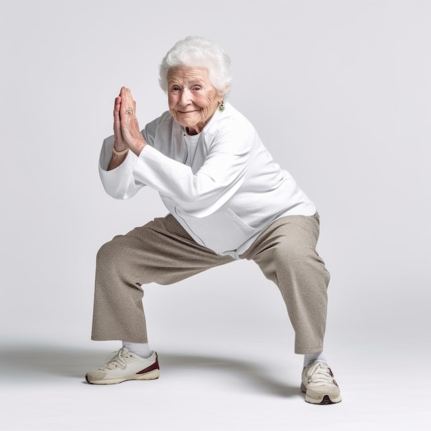 Foto una anciana hace yoga con las manos en el aire.