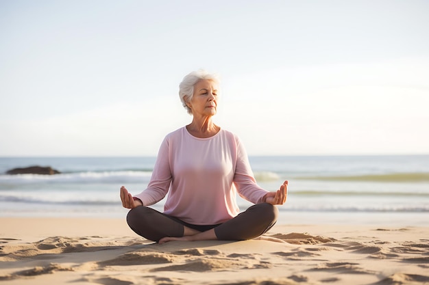 Una anciana hace yoga en la playa Foto horizontal