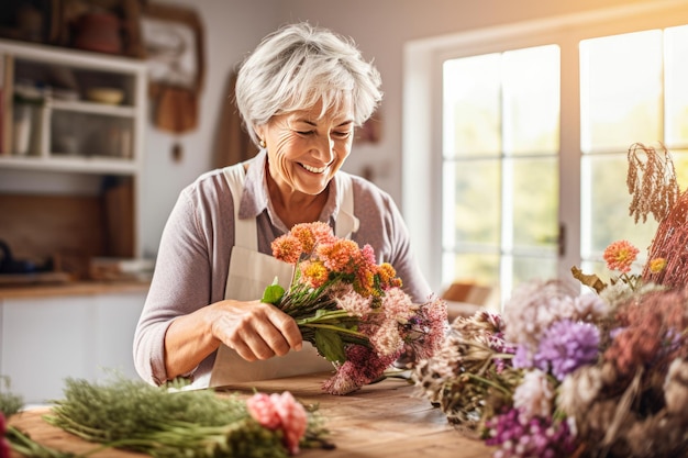 Anciana haciendo ramo de flores en la cocina