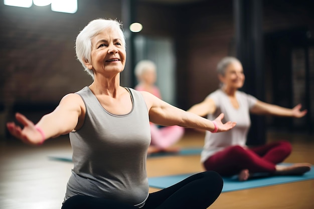 Anciana haciendo yoga en un gimnasio Foto horizontal