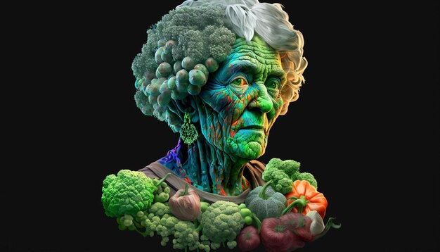 Anciana hecha de vegetales como el brócoliIA generativa