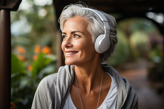 una anciana hermosa mujer de 50 años de edad con cabello blanco gris una amplia sonrisa con inalámbrico