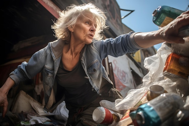 Una anciana sin hogar en la calle entre la basura.