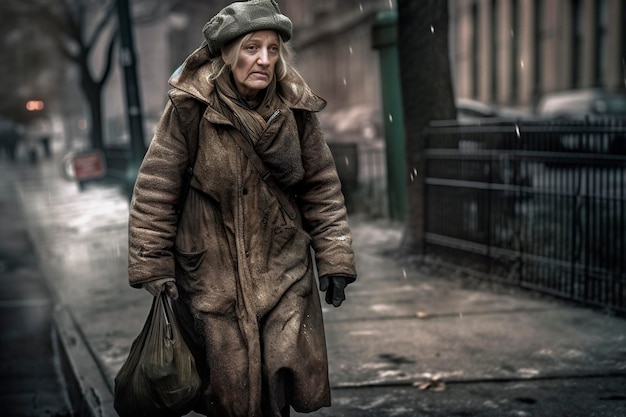 Anciana sin hogar en la calle en un día lluvioso generado por AI