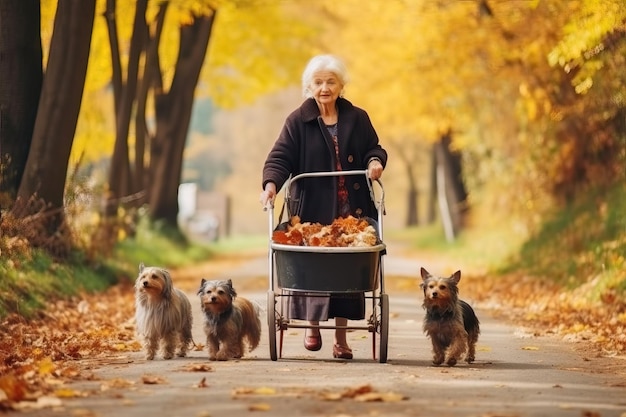 Anciana con hojas y perros