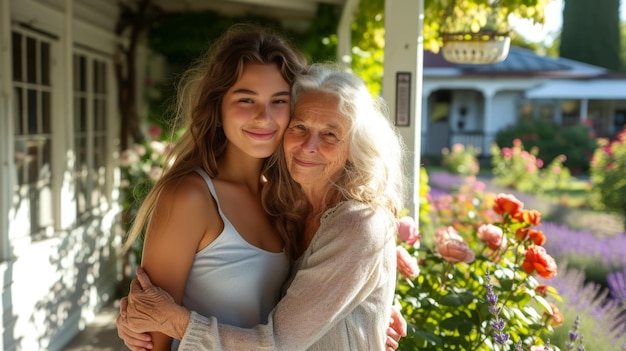 Una anciana y una joven están abrazadas en un jardín.