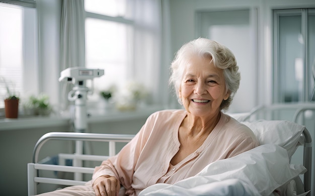 Una anciana jubilada sonriente abuela está acostada en una cama de hospital