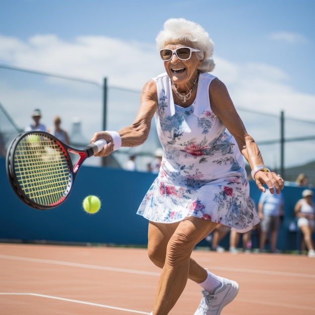 Anciana jugando tenis con una sonrisa en su rostro