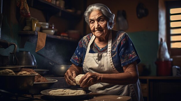 Una anciana latina está preparando pan hecho a mano en su cocina