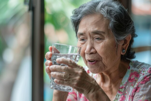 Foto una anciana latina se mantiene hidratada como parte de su rutina de control de la diabetes.