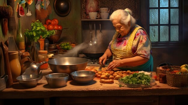 Una anciana latina prepara comida tradicional en su cocina con una iluminación cálida y hogareña