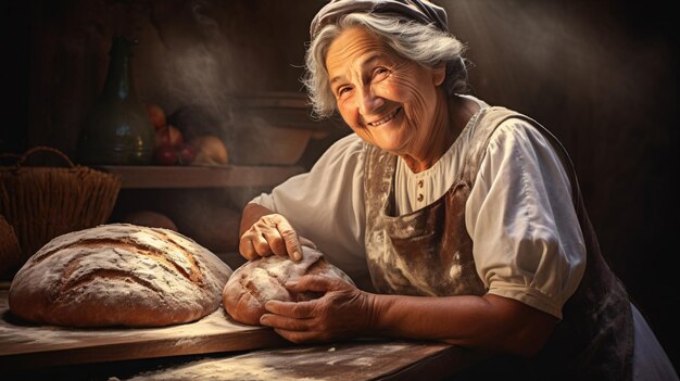 Una anciana latina prepara pan en su cocina