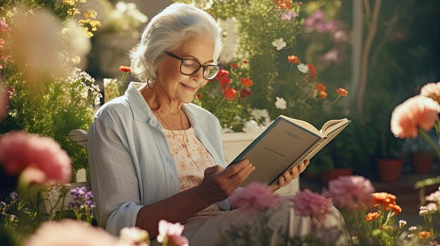 Anciana leyendo un libro al aire libre en un entorno tranquilo Día Mundial del Libro