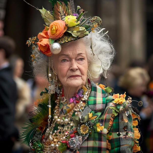 una anciana lleva un sombrero con flores en él