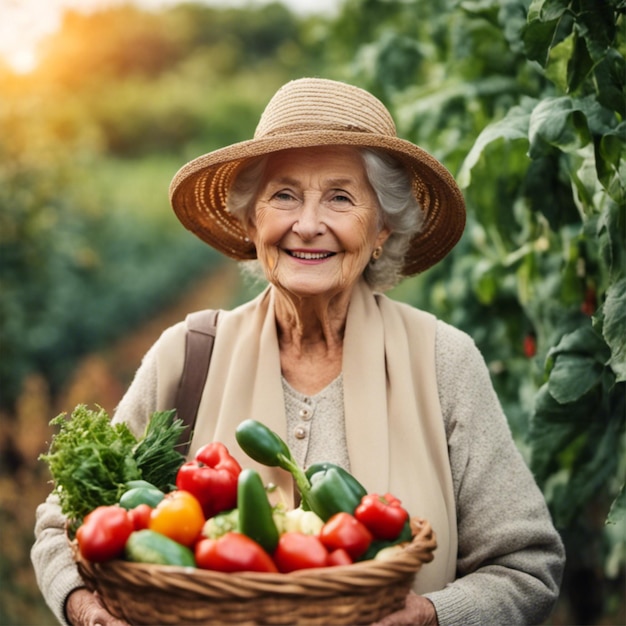 anciana llevando una canasta de verduras en un huerto