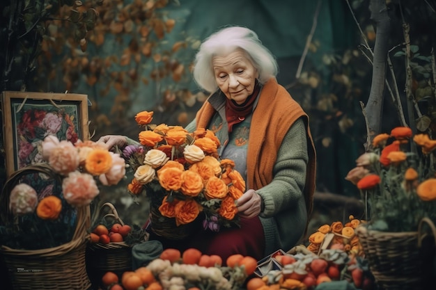 Una anciana en un mercado de flores con una cesta de flores.