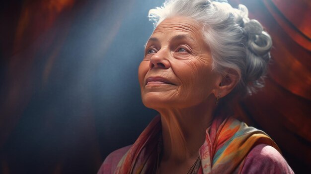 Foto una anciana mirando hacia el cielo con asombro y asombro.