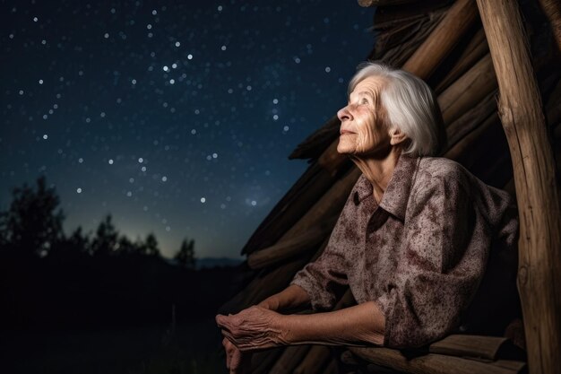 Una anciana mirando las estrellas con un telescopio creado con inteligencia artificial generativa