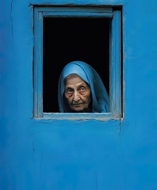 Foto una anciana mirando por una ventana con una bufanda azul en la cabeza