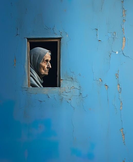 Foto una anciana mirando por una ventana con una pared azul detrás de ella