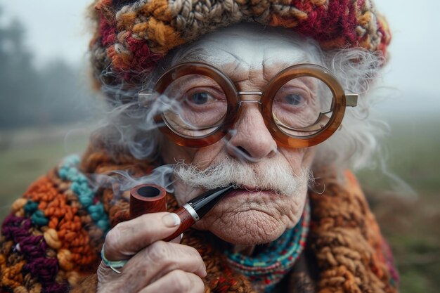 Una anciana de moda fuma una pipa en la calle en otoño