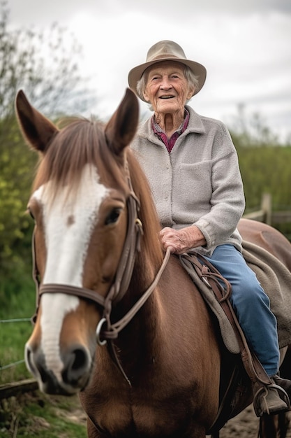 Una anciana montando a caballo con su esposo en el fondo creado con ai generativo