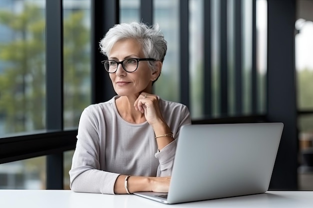 Una anciana mujer de negocios sentada frente a una computadora portátil en un moderno espacio de coworking de oficina Un famale grave de cabellos grises trabaja solo