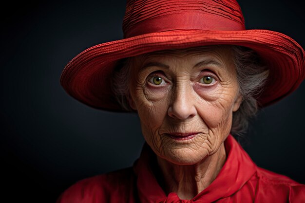 Una anciana muy elegante con un vestido rojo.