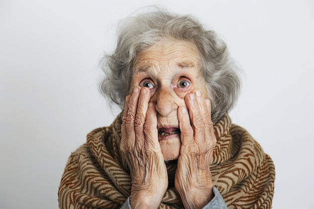 una anciana con una nariz grande y una bufanda marrón cubriendo su cara