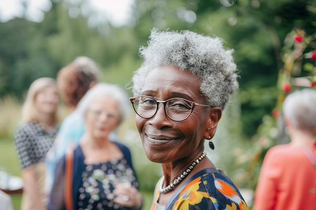 Una anciana negra disfrutando de una fiesta en el jardín con sus amigos.