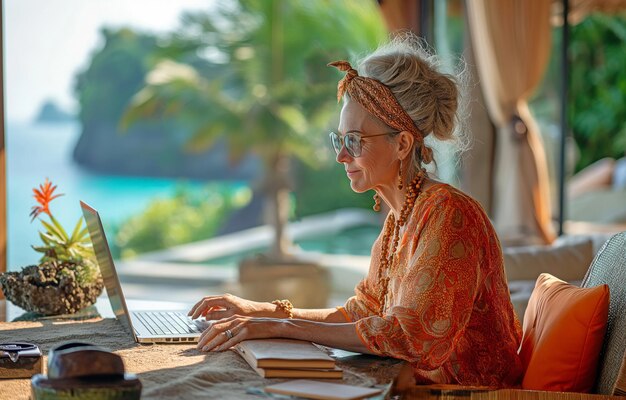 Una anciana una nómada digital trabajando en una lujosa finca de Phuket con el mar de Andamán como telón de fondo