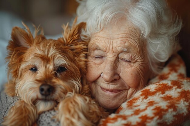 Una anciana pacífica abrazando a su Yorkshire Terrier