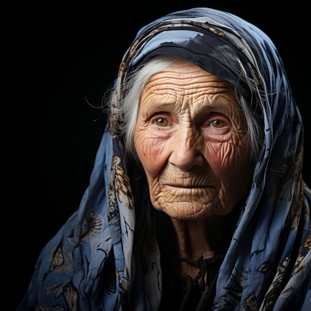 una anciana con un pañuelo azul en la cabeza