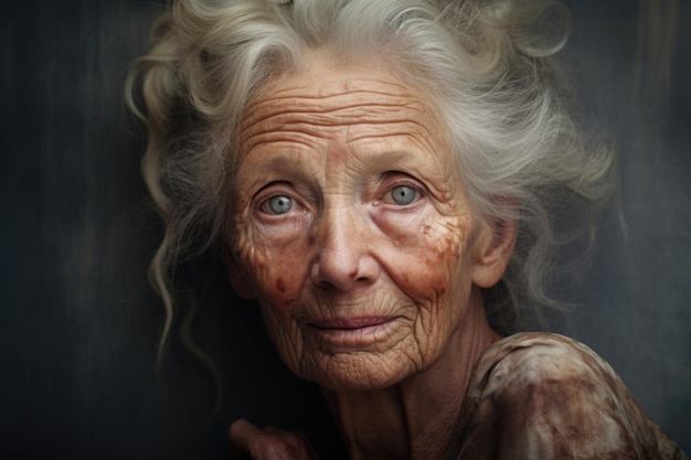 Una anciana de pelo gris sobre un fondo oscuro El concepto de envejecimiento