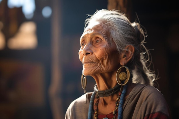 una anciana con pendientes y un collar