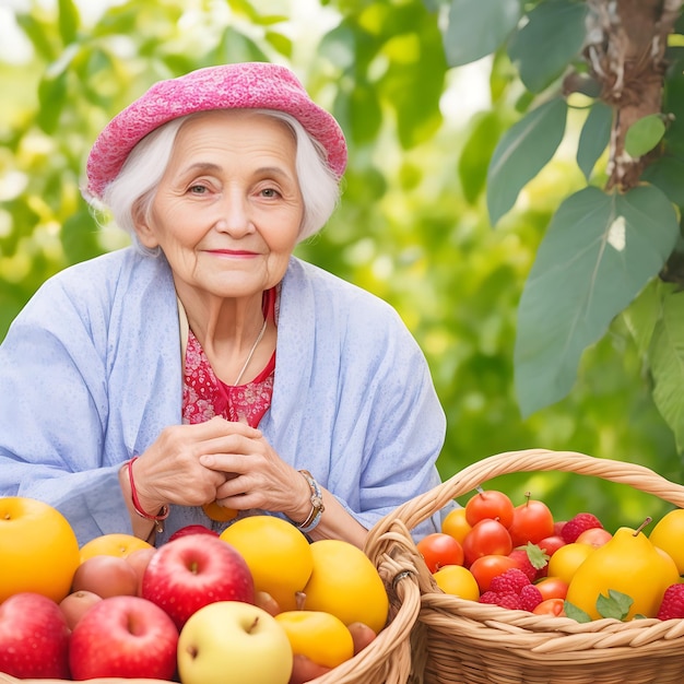 anciana posando con frutas