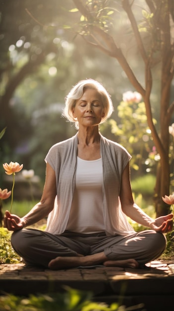 Anciana practicando yoga en un tranquilo jardín