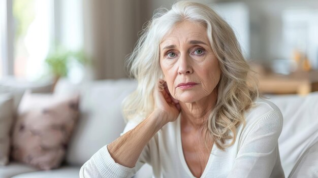 Una anciana preocupada con cabello blanco y ojos azules en casa.