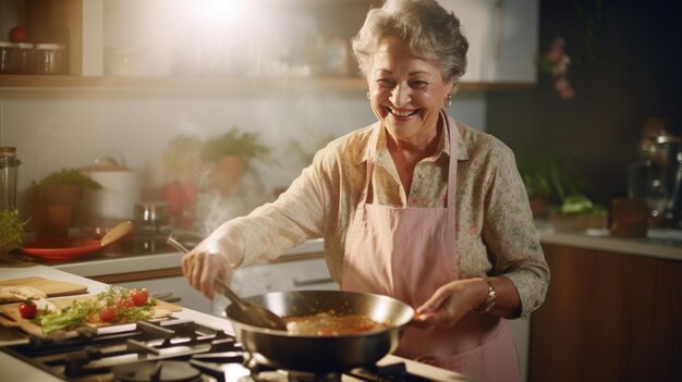 Foto una anciana prepara la cena en la cocina de su casa