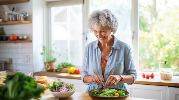 Una anciana prepara la cena en la cocina de su casa