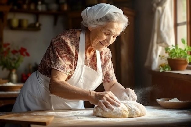 Una anciana prepara masa de pan en la cocina La abuela amasa masa para hornear Producción de pan casero Panadería fresca