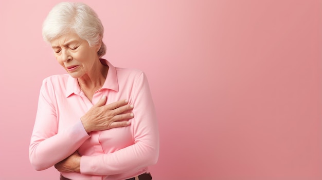 La anciana presiona la mano contra el pecho sufre un ataque cardíaco, un dolor insoportable aislado en rosa