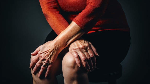 Foto anciana que sufre de dolor en el tendón de la rodilla