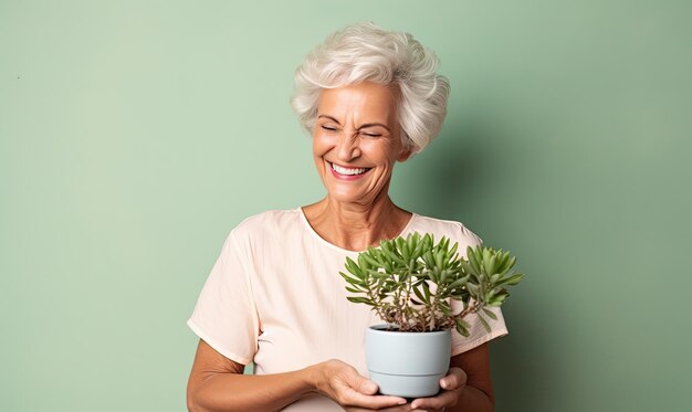 Una anciana radiante acuna una planta en maceta su alegría reflejada por el suave telón de fondo verde