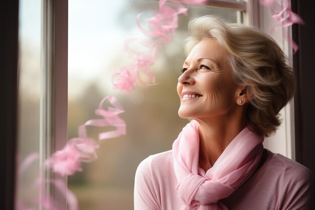 Una anciana radiante y alegre con un elegante traje rosado que irradia felicidad y positividad.